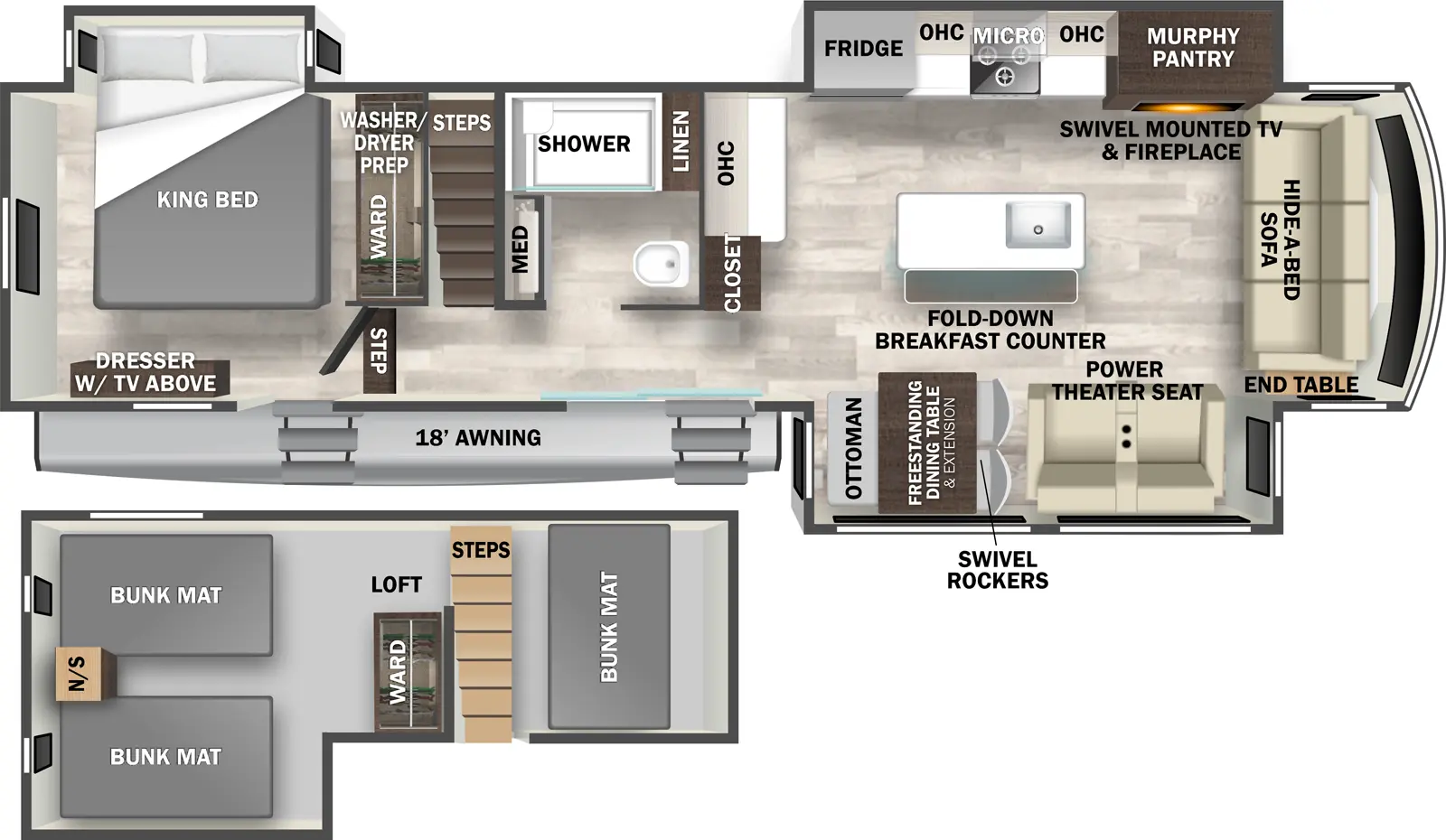 The Cedar Creek Cottage 40CDL has two entries and three slide outs. Exterior features include: fiberglass exterior and 18' awning. Interiors features include: loft, kitchen island, free-standing dinette option, rear bedroom and front living.